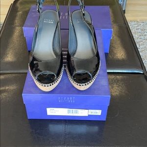 Stuart Weitzman black patent leather wedge sandal